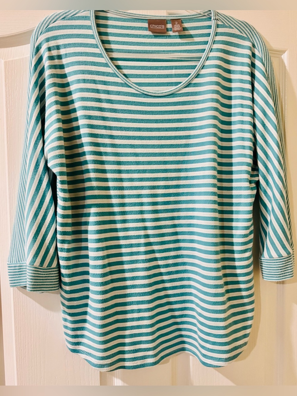Chico's Light Teal and White Striped Top Large (Chico’s Size 2)